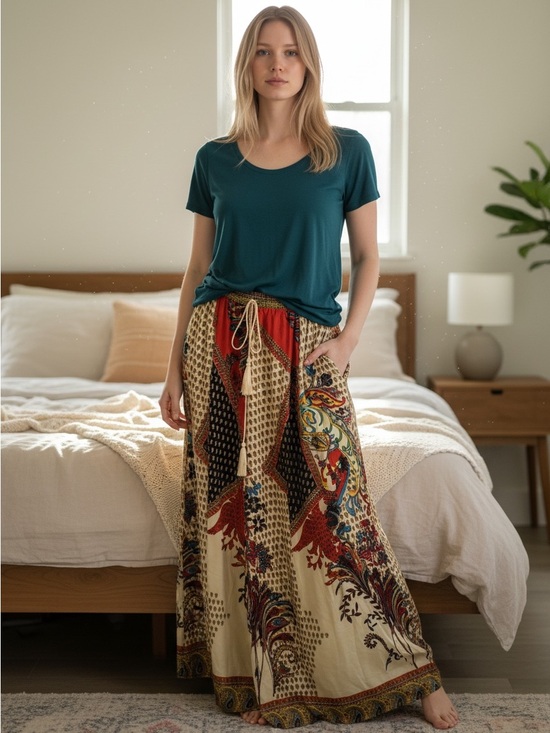Dresses & Skirts - Bohemian Printed Maxi Skirt in Cream & Red